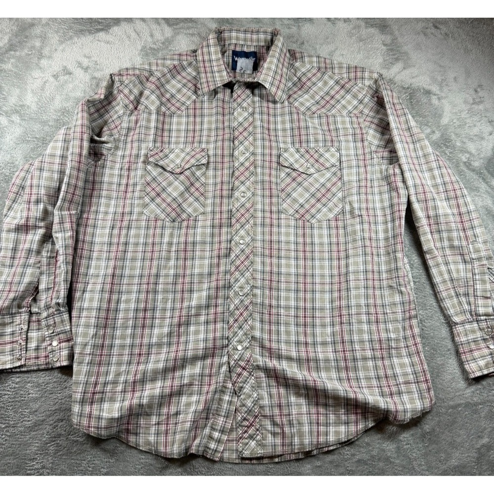 Vtg Wrangler Western Pearl Snap Plaid Shirt Cowboy Men's XL